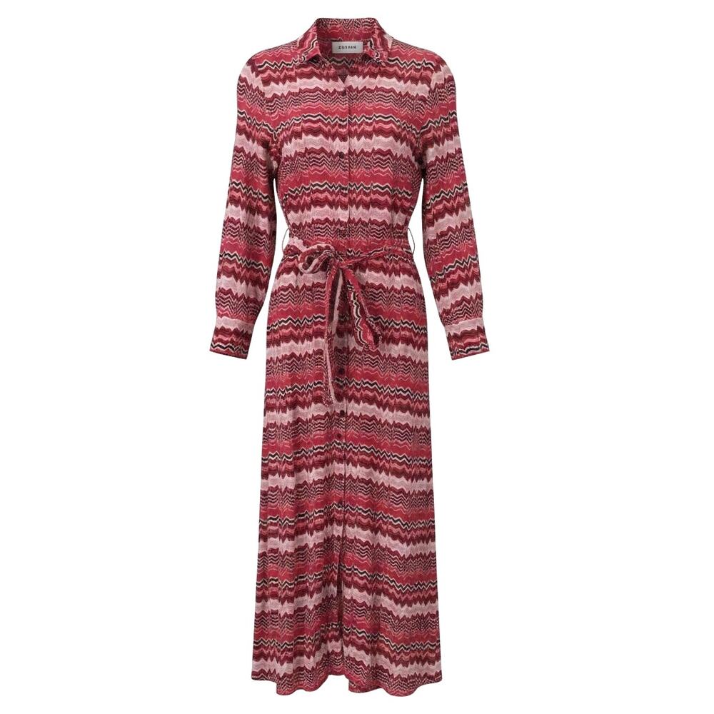 Cefinn Crimson Chevron Print Belted Maxi Shirt Dress Viscose US 4 Red Pink Multi